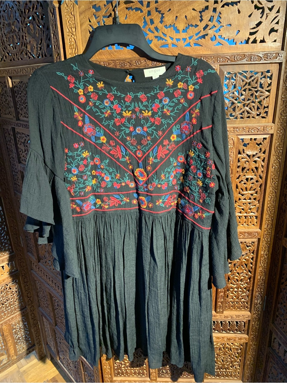 Umgee Black Midi Dress with Multicolor Floral Embroidery